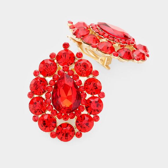 Clip on 1 3/4" large and small shiny red stone teardrop earrings - Picture 1 of 4